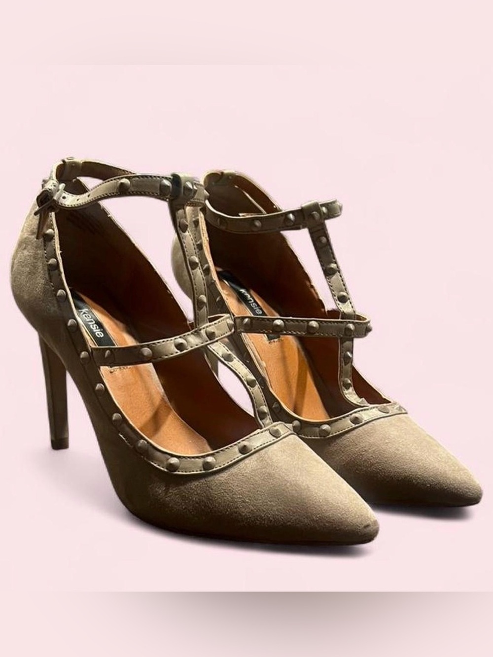 Kensie Taupe Studded T-Strap Pointed Toe Pumps